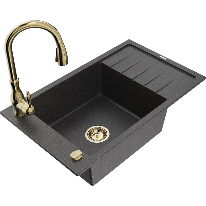 Mexen Elias granite kitchen sink single-bowl with drainer and Savita faucet, speckled black - 6511-76-672601-50