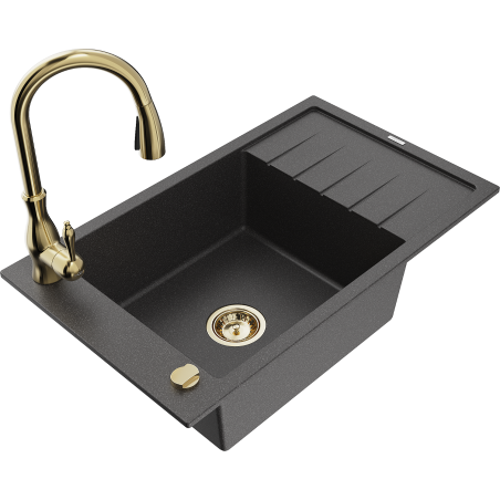 Mexen Elias granite kitchen sink single-bowl with drainer and Savita faucet, speckled black - 6511-76-672601-50