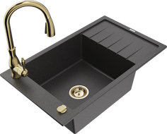 Mexen Elias granite kitchen sink single-bowl with drainer and Savita faucet, speckled black - 6511-76-672601-50