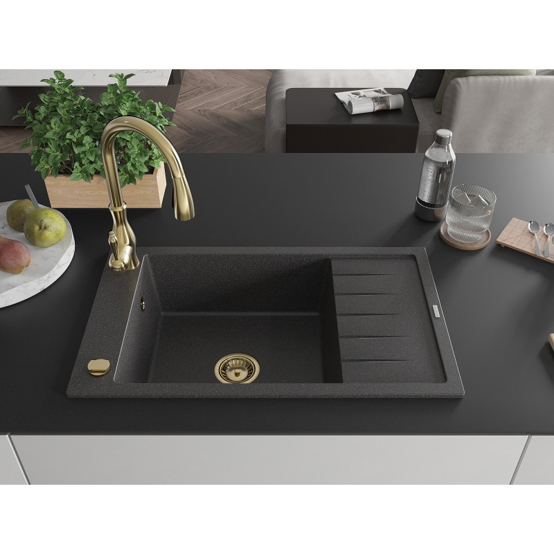 Mexen Elias granite sink with one bowl, drainer, and Savita kitchen faucet, speckled black - 6511-76-672601-50