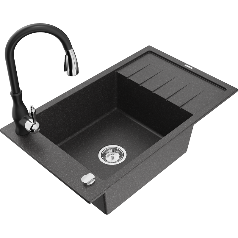 Mexen Elias 1-bowl granite sink with drainer and Savita kitchen tap, speckled black - 6511-76-672601-70