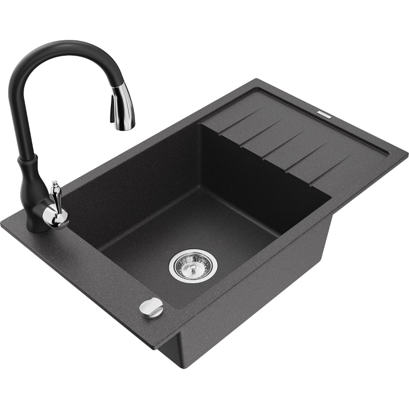 Mexen Elias granite single-bowl sink with drainer and Savita kitchen faucet, speckled black - 6511-76-672601-70