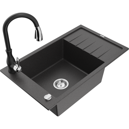 Mexen Elias granite kitchen sink 1-bowl with drainer and Savita faucet, black speckled - 6511-76-672601-70