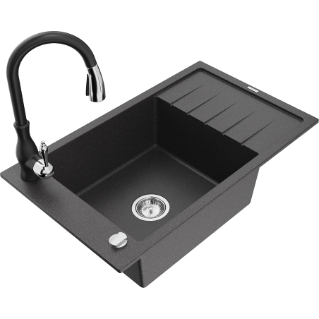 Mexen Elias granite single-bowl sink with drainer and Savita kitchen faucet, speckled black - 6511-76-672601-70