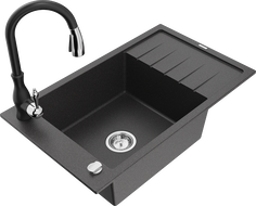 Mexen Elias granite kitchen sink 1-bowl with drainer and Savita faucet, black speckled - 6511-76-672601-70