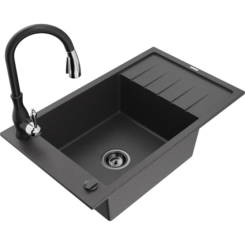 Mexen Elias 1-compartment granite sink with a drip tray and kitchen mixer tap Savita, spotted black - 6511-76-672601-70-B