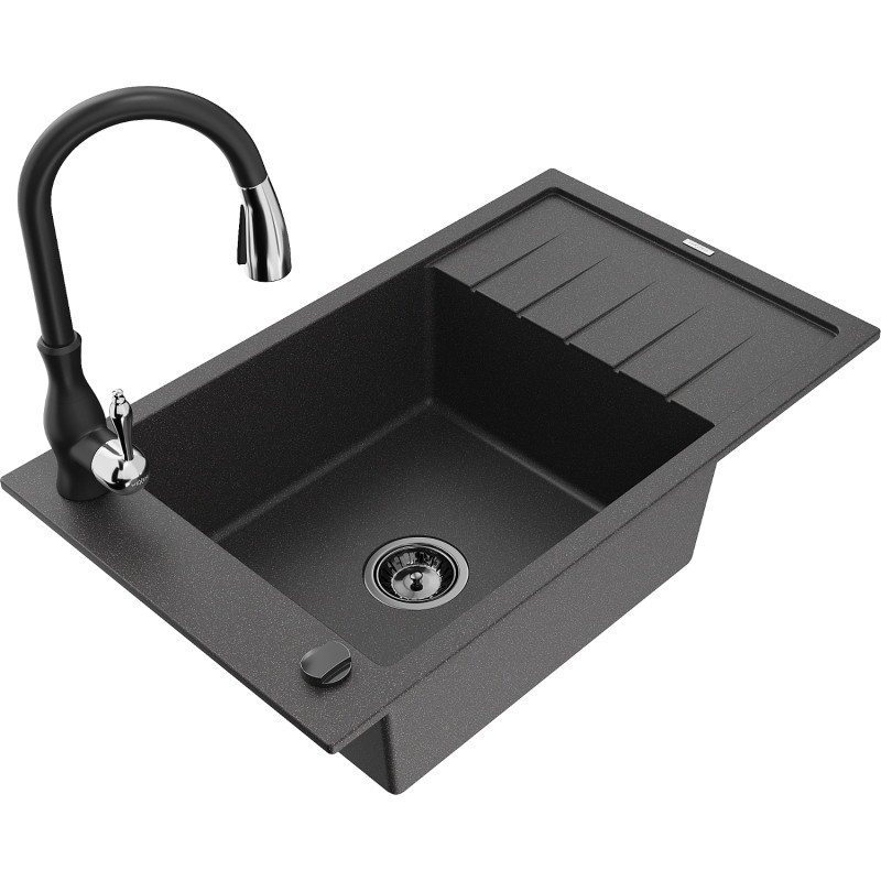 Mexen Elias one-bowl granite sink with drainer and Savita kitchen faucet, speckled black - 6511-76-672601-70-B