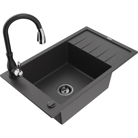 Mexen Elias one-bowl granite sink with drainer and Savita kitchen faucet, speckled black - 6511-76-672601-70-B