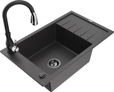 Mexen Elias granite sink 1-bowl with drainer and Savita kitchen tap, black speckled - 6511-76-672601-70-B