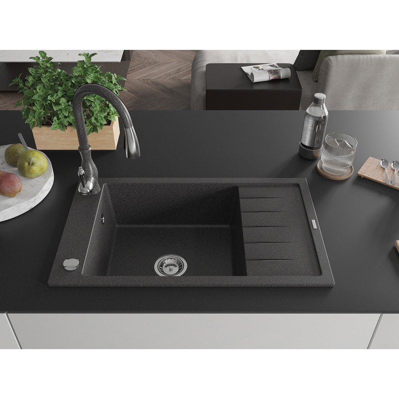 Mexen Elias 1-bowl granite sink with drainer and Savita kitchen faucet, speckled black - 6511-76-672601-76