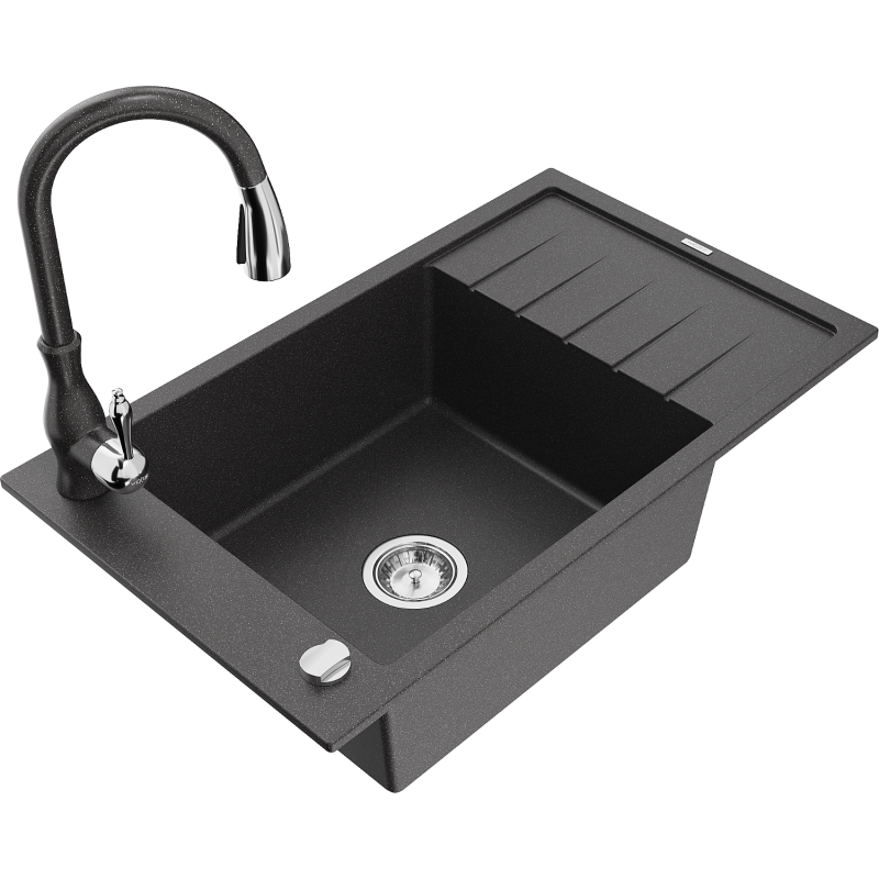Mexen Elias 1-compartment granite sink with a drip tray and kitchen mixer tap Savita, spotted black - 6511-76-672601-76