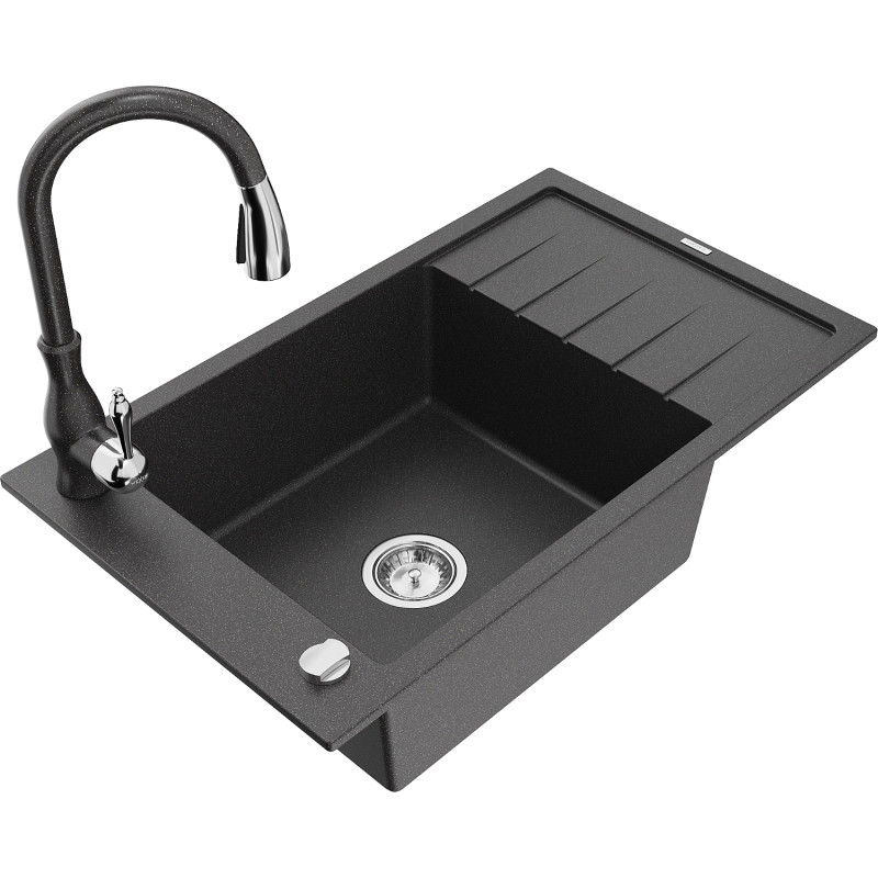 Mexen Elias granite kitchen sink 1-bowl with drainer and kitchen faucet Savita, black speckled - 6511-76-672601-76