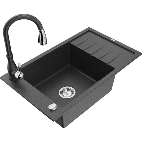 Mexen Elias 1-compartment granite sink with a drip tray and kitchen mixer tap Savita, spotted black - 6511-76-672601-76