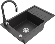 Mexen Elias 1-Bowl Granite Sink with Drainer and Savita Kitchen Tap, Black Speckled - 6511-76-672601-76