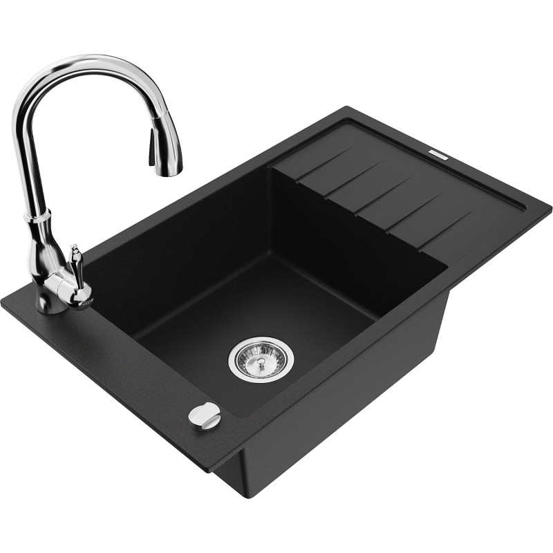 Mexen Elias granite sink 1-bowl with drainer and Savita kitchen faucet, black - 6511-77-672601-00