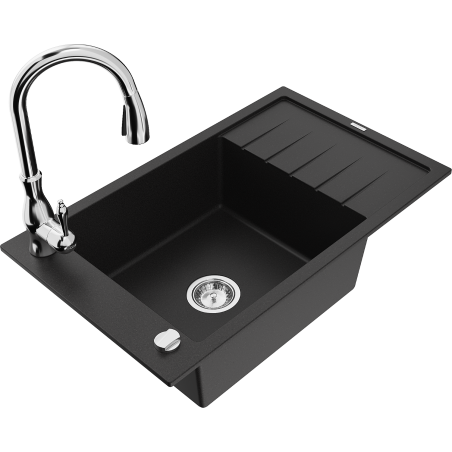 Mexen Elias 1-compartment granite sink with a drip tray and kitchen mixer tap Savita, Black - 6511-77-672601-00