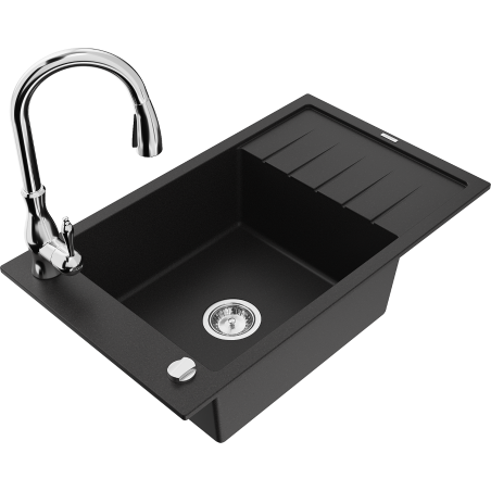 Mexen Elias granite sink single-bowl with drainer and Savita kitchen faucet, black - 6511-77-672601-00