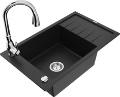 Mexen Elias granite sink 1-bowl with drainer and Savita kitchen tap, black - 6511-77-672601-00