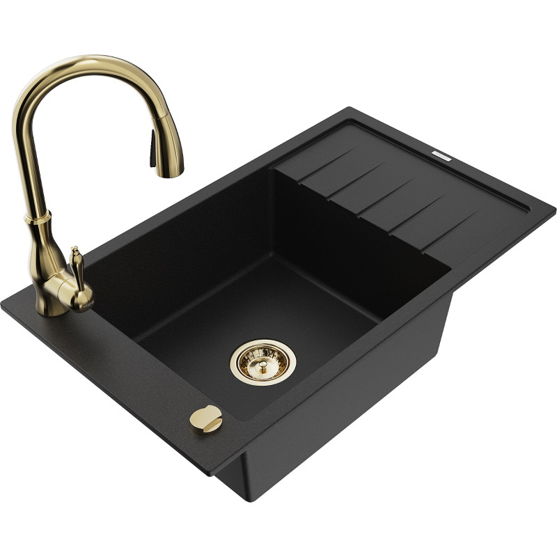 Mexen Elias 1-bowl granite kitchen sink with drainer and kitchen faucet Savita, black - 6511-77-672601-50