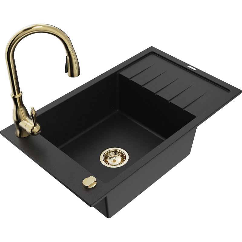 Mexen Elias 1-bowl granite sink with drainer and Savita kitchen tap, black - 6511-77-672601-50