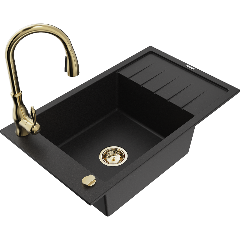 Mexen Elias 1-compartment granite sink with a drip tray and kitchen mixer tap Savita, Black - 6511-77-672601-50