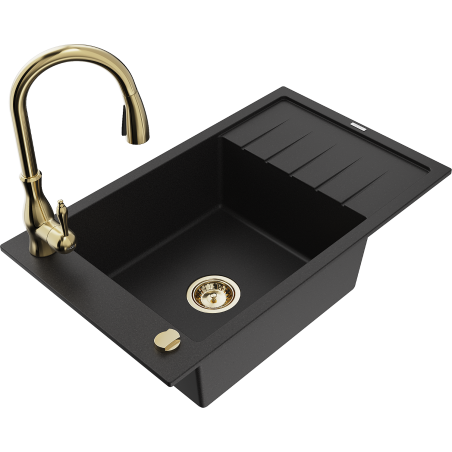 Mexen Elias 1-bowl granite sink with drainer and Savita kitchen tap, black - 6511-77-672601-50