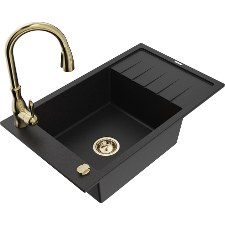 Mexen Elias 1-compartment granite sink with a drip tray and kitchen mixer tap Savita, Black - 6511-77-672601-50