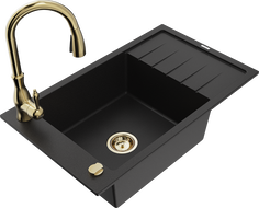 Mexen Elias 1-compartment granite sink with a drip tray and kitchen mixer tap Savita, Black - 6511-77-672601-50