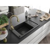 Mexen Elias 1-bowl granite kitchen sink with drainer and Savita kitchen faucet, black - 6511-77-672601-50-B