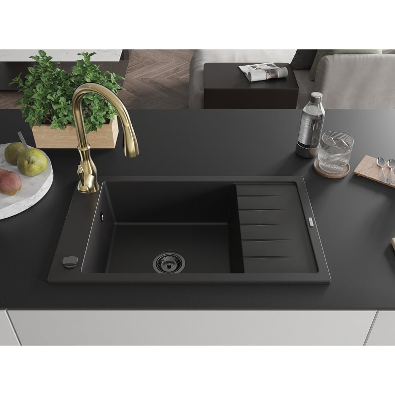 Mexen Elias granite kitchen sink 1-bowl with drainer and Savita kitchen faucet, black - 6511-77-672601-50-B