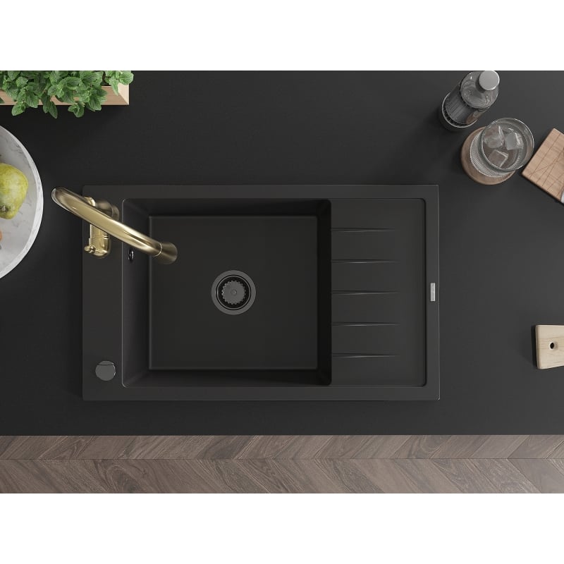 Mexen Elias granite kitchen sink 1-bowl with drainer and Savita kitchen faucet, black - 6511-77-672601-50-B