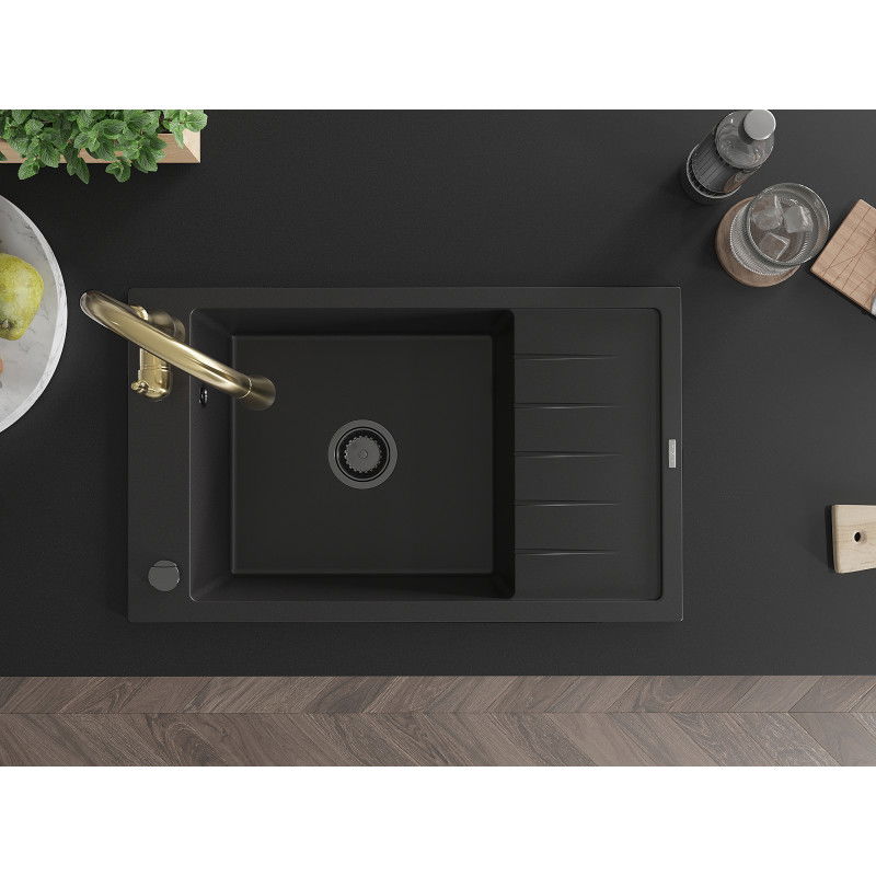 Mexen Elias granite sink 1-bowl with drainer and Savita kitchen tap, black - 6511-77-672601-50-B