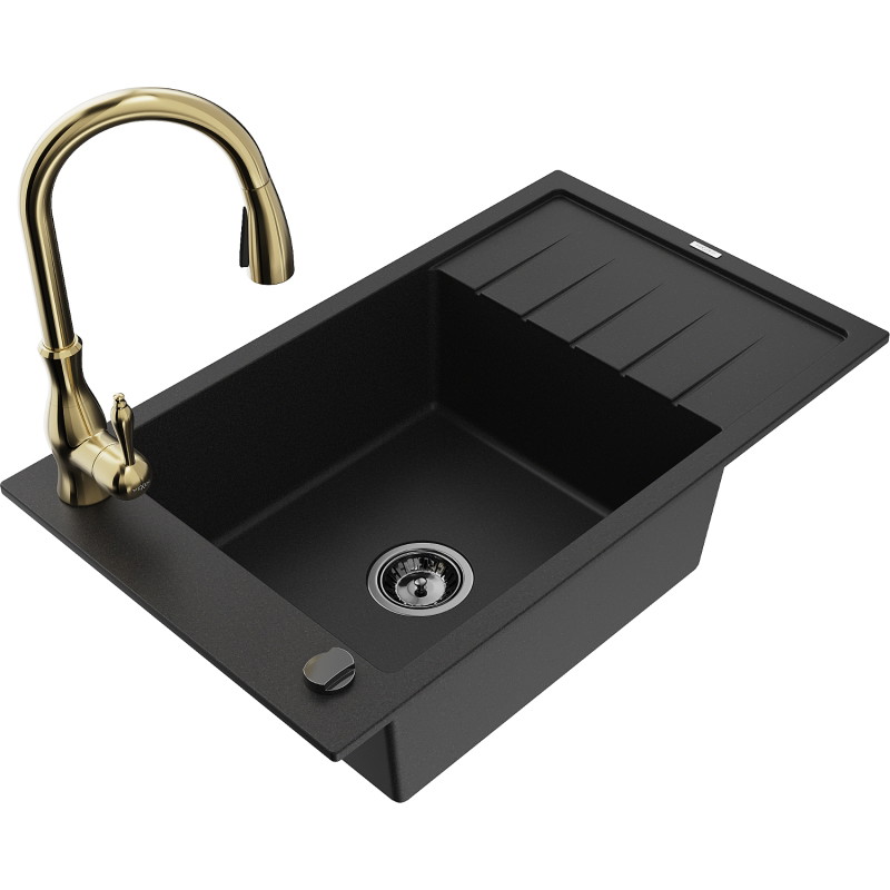 Mexen Elias 1-bowl granite kitchen sink with drainer and Savita kitchen faucet, black - 6511-77-672601-50-B