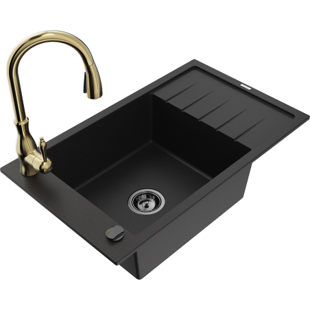 Mexen Elias 1-bowl granite kitchen sink with drainer and Savita kitchen faucet, black - 6511-77-672601-50-B