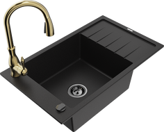 Mexen Elias granite sink 1-bowl with drainer and Savita kitchen tap, black - 6511-77-672601-50-B