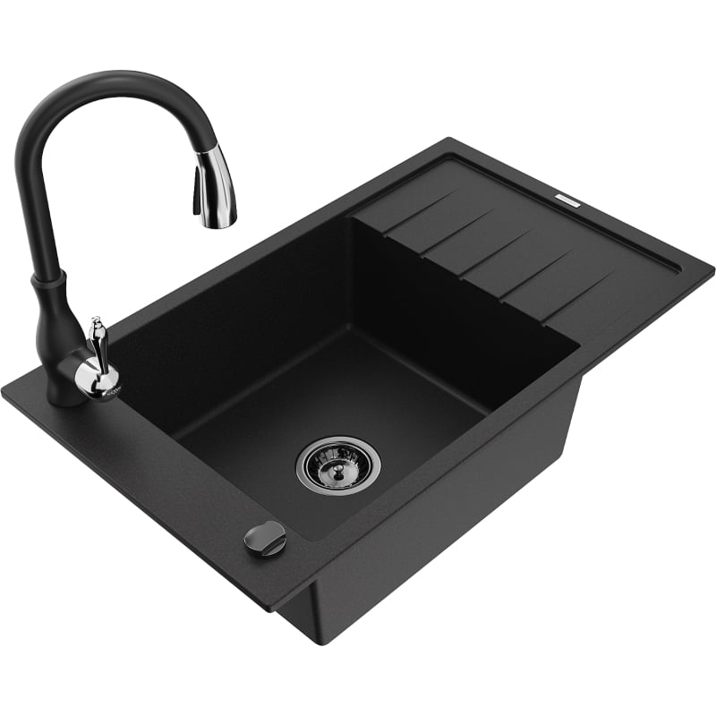 Mexen Elias 1-bowl granite sink with drainer and Savita kitchen faucet, black - 6511-77-672601-70-B