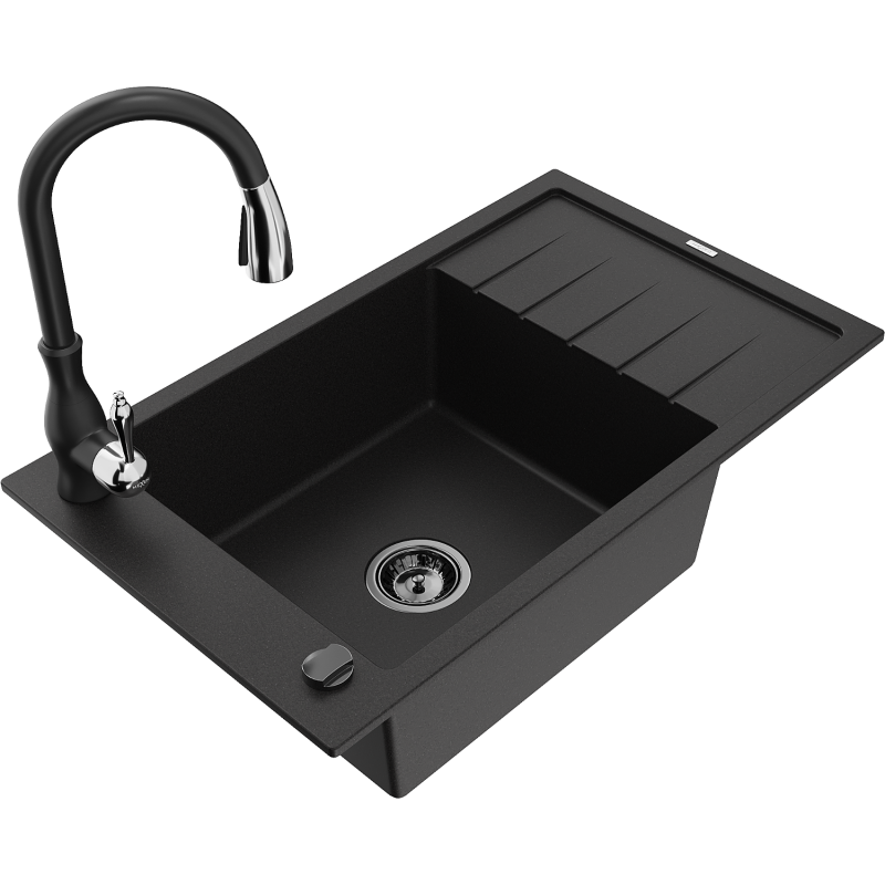 Mexen Elias 1-compartment granite sink with a drip tray and kitchen mixer tap Savita, Black - 6511-77-672601-70-B