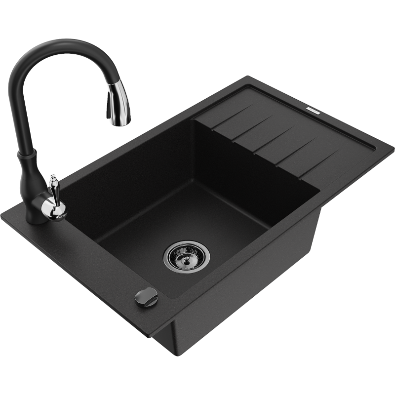 Mexen Elias single-bowl granite sink with drainer and Savita kitchen tap, black - 6511-77-672601-70-B