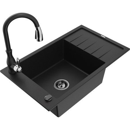 Mexen Elias 1-bowl granite sink with drainer and Savita kitchen faucet, black - 6511-77-672601-70-B