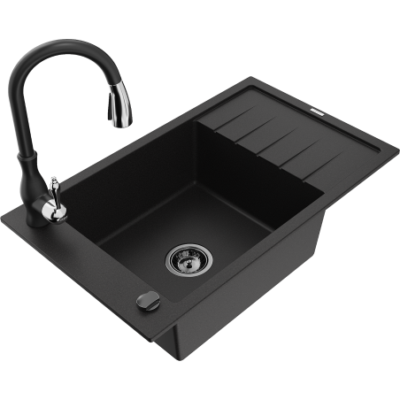 Mexen Elias single-bowl granite sink with drainer and Savita kitchen tap, black - 6511-77-672601-70-B