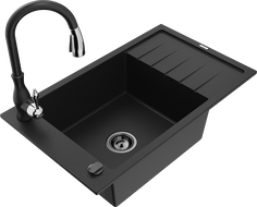 Mexen Elias granite kitchen sink 1-bowl with drainer and Savita kitchen faucet, black - 6511-77-672601-70-B