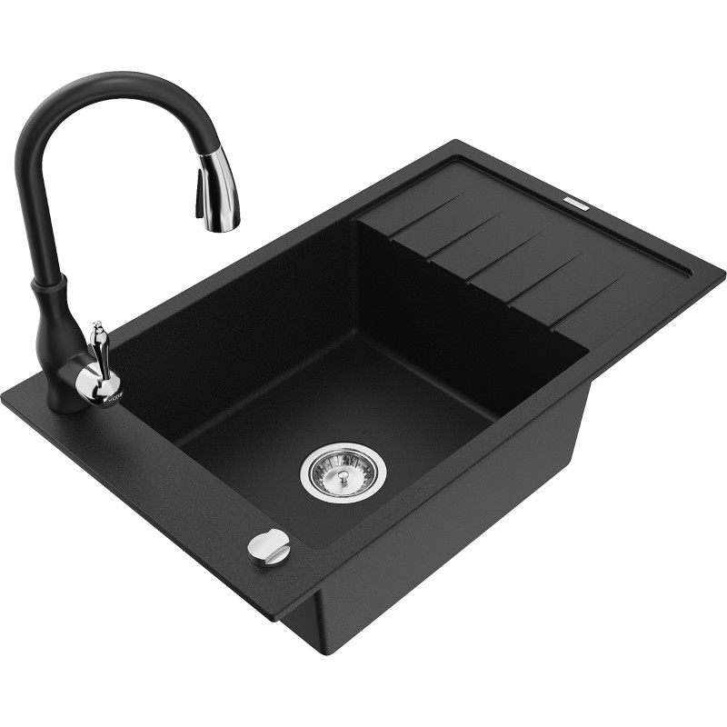 Mexen Elias single-bowl granite sink with drainer and Savita kitchen faucet, black - 6511-77-672601-70