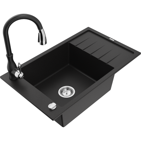 Mexen Elias 1-bowl granite sink with drainer and Savita kitchen tap, black - 6511-77-672601-70