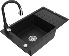 Mexen Elias 1-bowl granite sink with drainer and Savita kitchen faucet, black - 6511-77-672601-70