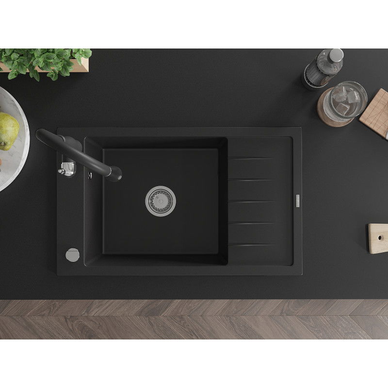 Mexen Elias 1-bowl granite sink with drainer and Savita kitchen tap, black - 6511-77-672601-70