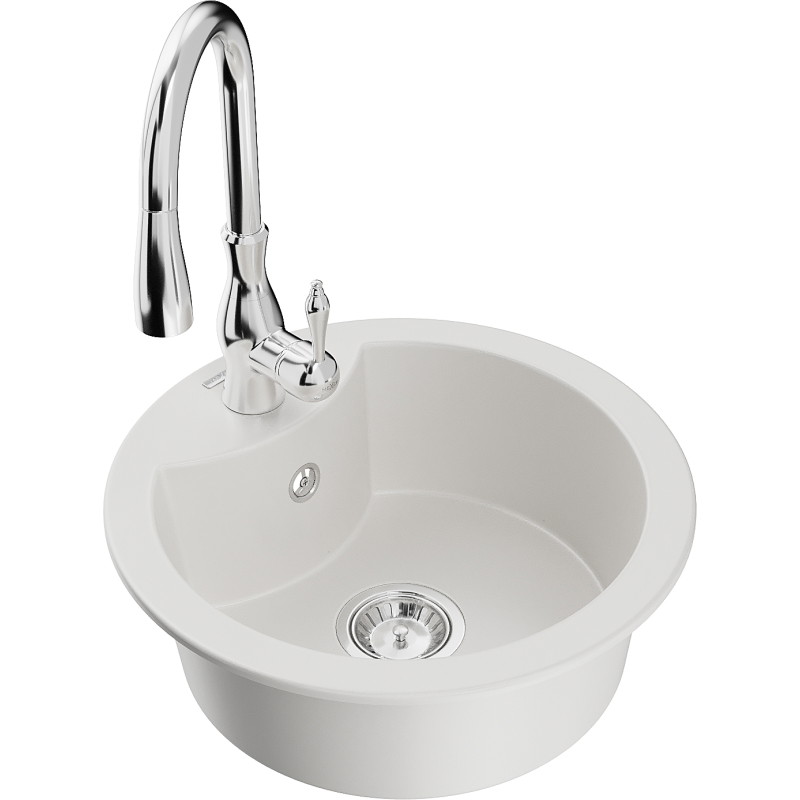 Mexen Diego 1-bowl granite sink with Savita kitchen faucet, white - 6512-20-672601-00