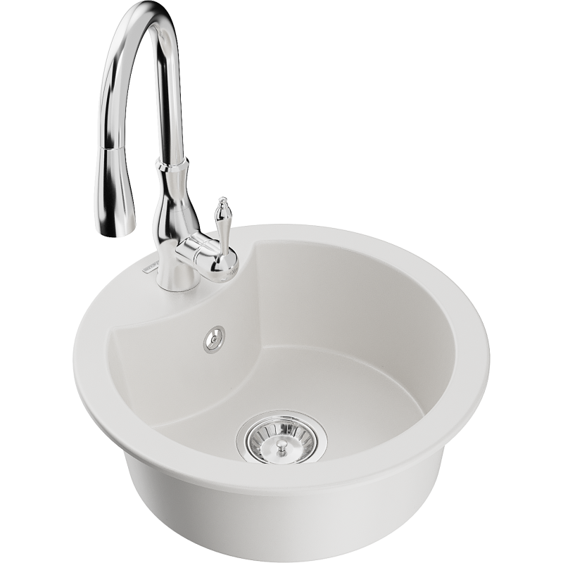Mexen Diego 1-compartment granite sink with a kitchen mixer tap Savita, White - 6512-20-672601-00