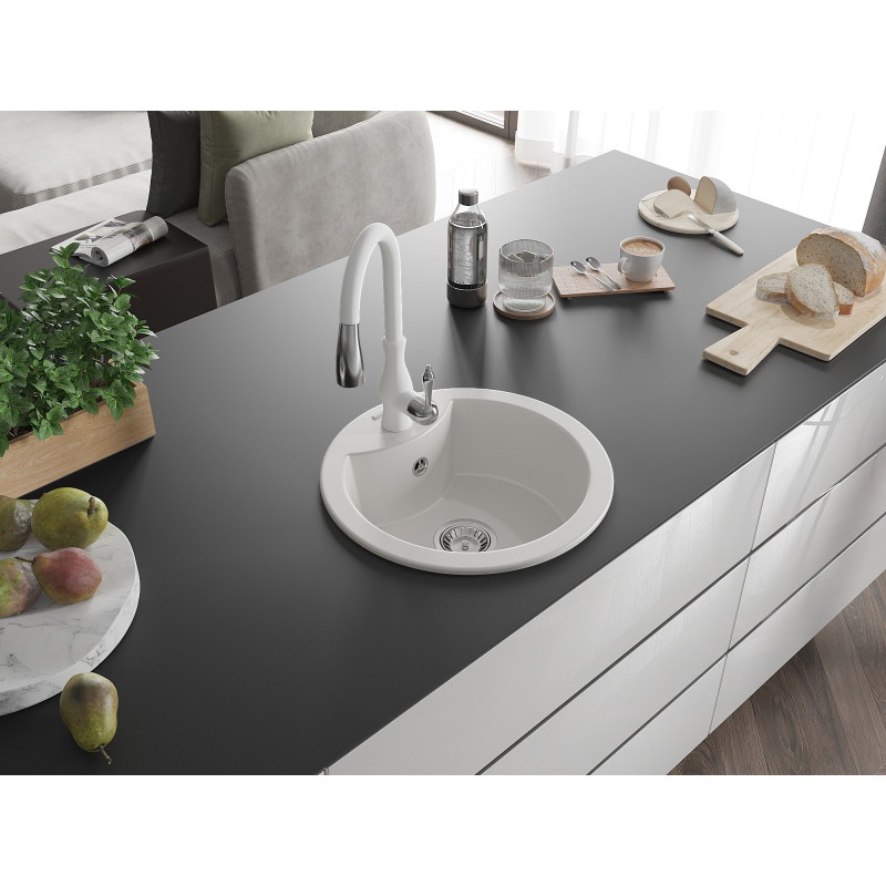 Mexen Diego granite kitchen sink 1-bowl with Savita kitchen faucet, white - 6512-20-672601-20