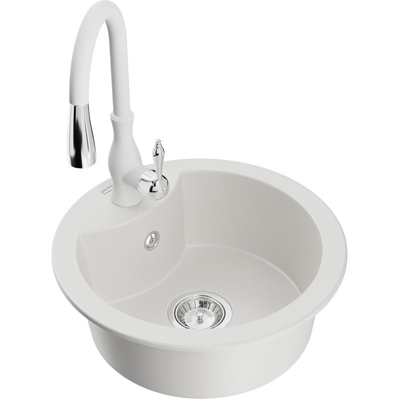 Mexen Diego granite kitchen sink 1-bowl with Savita kitchen faucet, white - 6512-20-672601-20