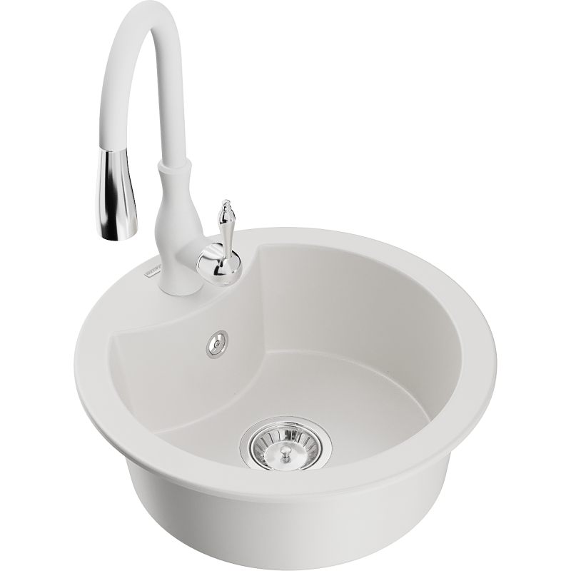 Mexen Diego single-bowl granite sink with Savita kitchen tap, white - 6512-20-672601-20